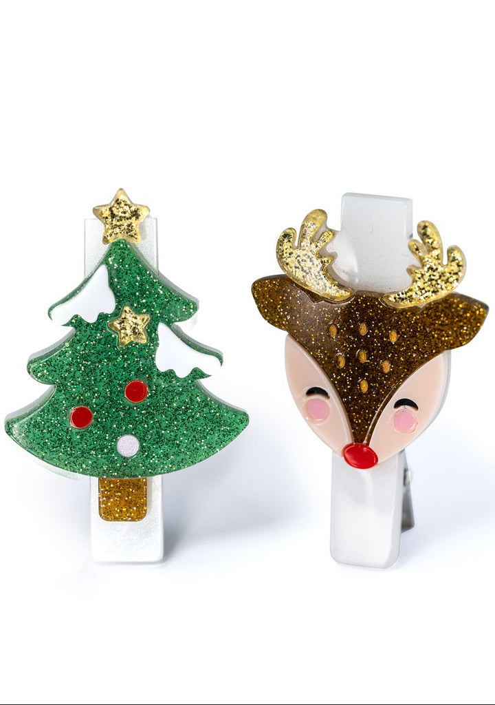 Tree Reindeer Glitter Hair Clips