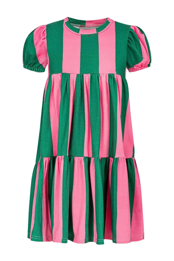 green and pink striped mini dress Peony Pink & Emerald Striped Mini Dress | Hand Knitted