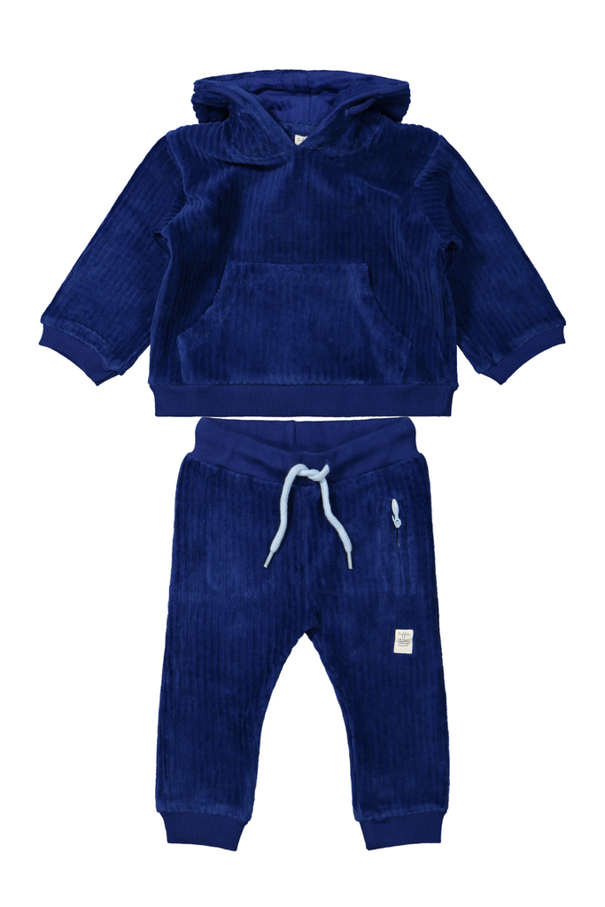 Blue children's hoodie and jogger set on a white background