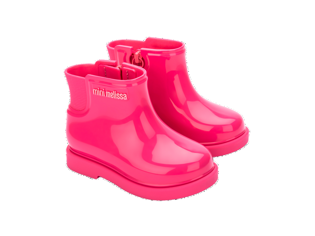 Pair of pink rain boots with 'mini melissa' branding on a white background