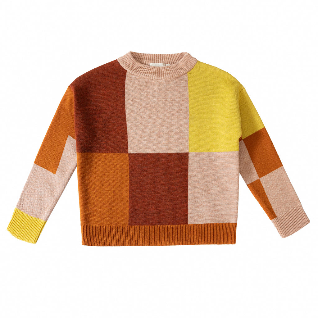 Front view of colorblock sweater with orange, red, pink, and yellow rectangle pattern.