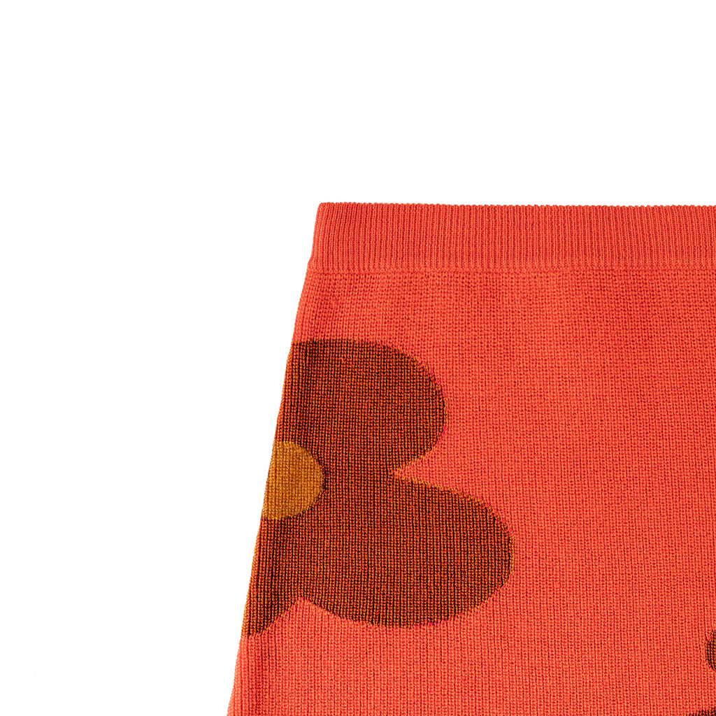 Close-up of a red skirt with a brown floral design on a white background
