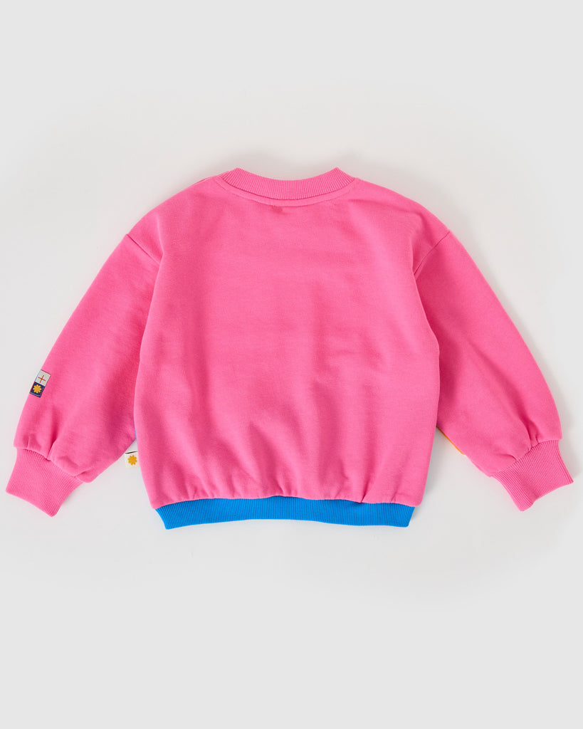 Pink sweatshirt with blue waist on a light gray background