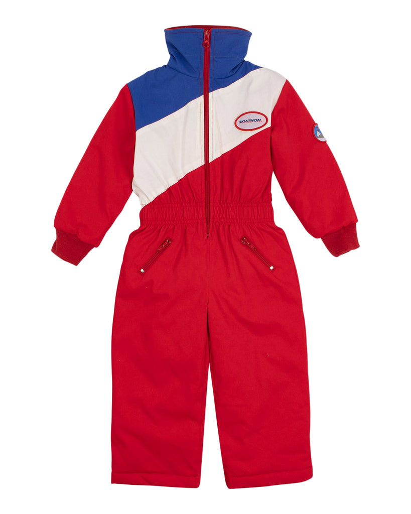 Red, white, and blue children's snowsuit on a light gray background