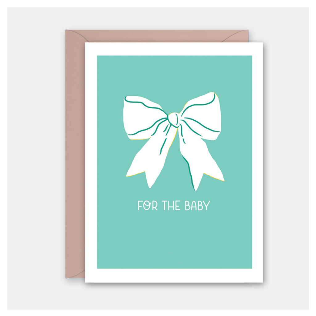 Greeting card with a white bow on a teal background and 'For the Baby' text.