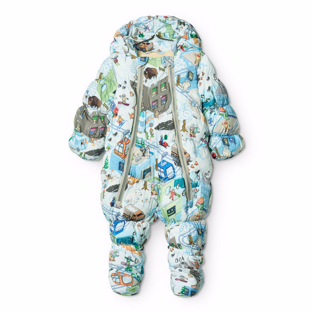 Snowsuit with pixel ski city print allover. Two front zipper for easy changing. Removable booties and hood.