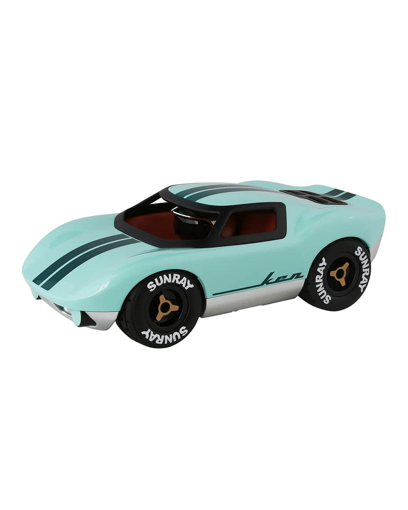 mint green toy car with dark green racing stripes on white background
