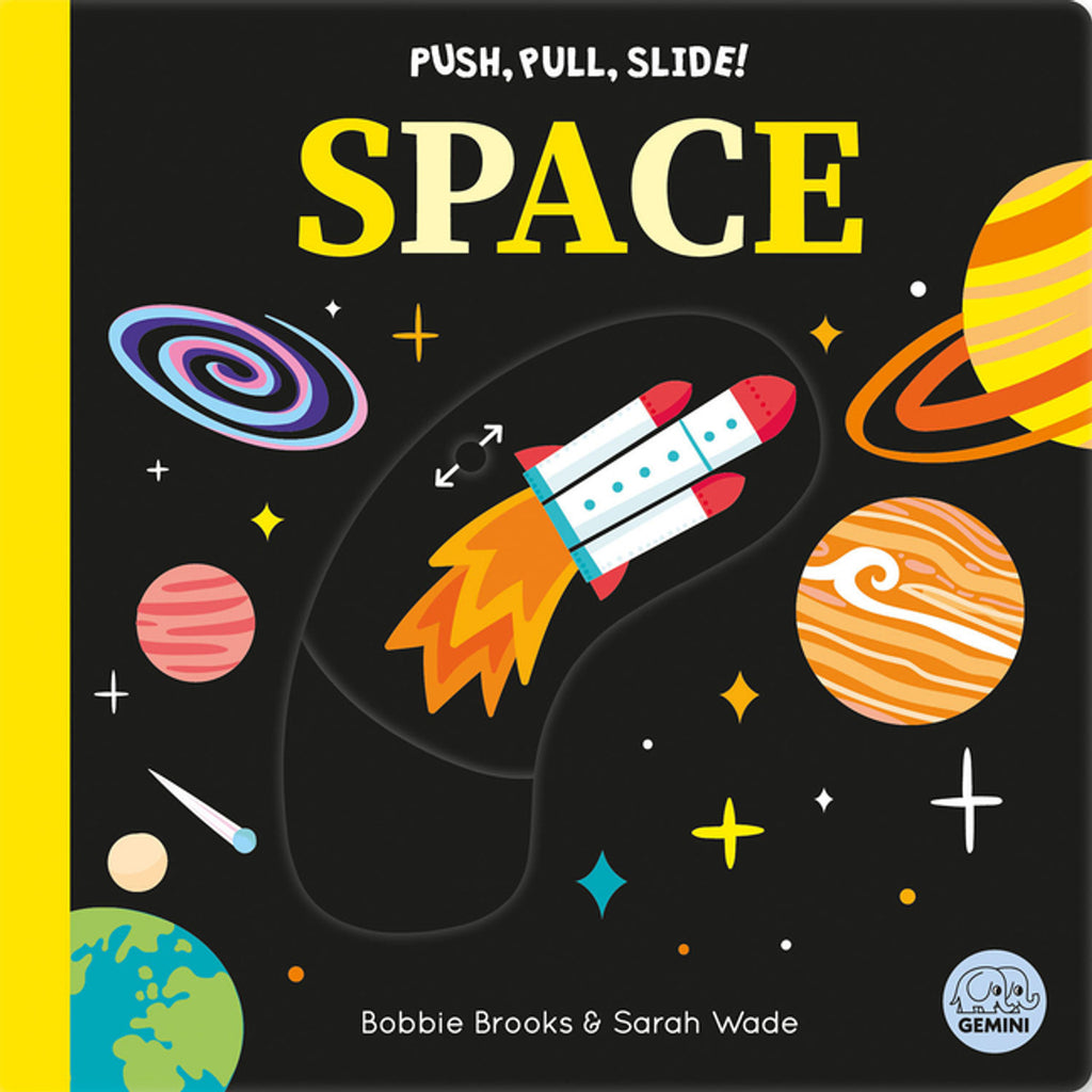 Board book with black cover featuring planets and a spaceship.