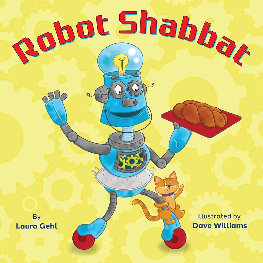Book cover of 'Robot Shabbat' with a robot and cat on a yellow background