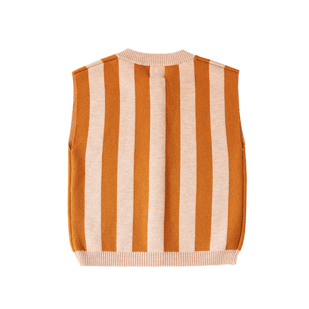 Striped sweater vest with orange and beige vertical stripes on a white background