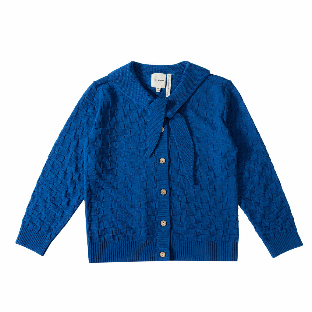 Blue knitted cardigan with a collar on a white background
