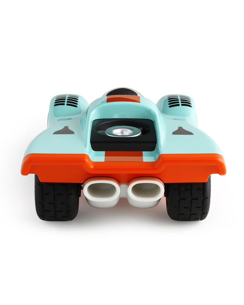 Toy car with a light blue body, orange top, and black wheels on a white background