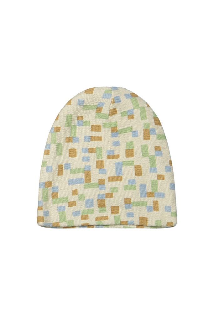 Colorful patterned beanie on a white background
