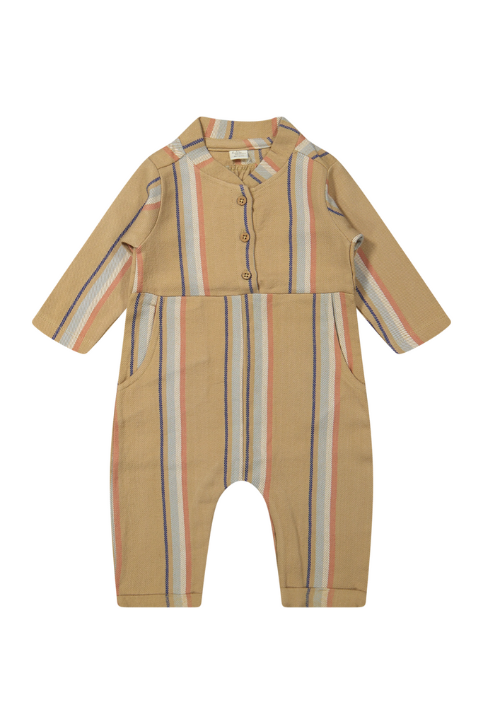 Beige baby romper with colorful stripes on a white background